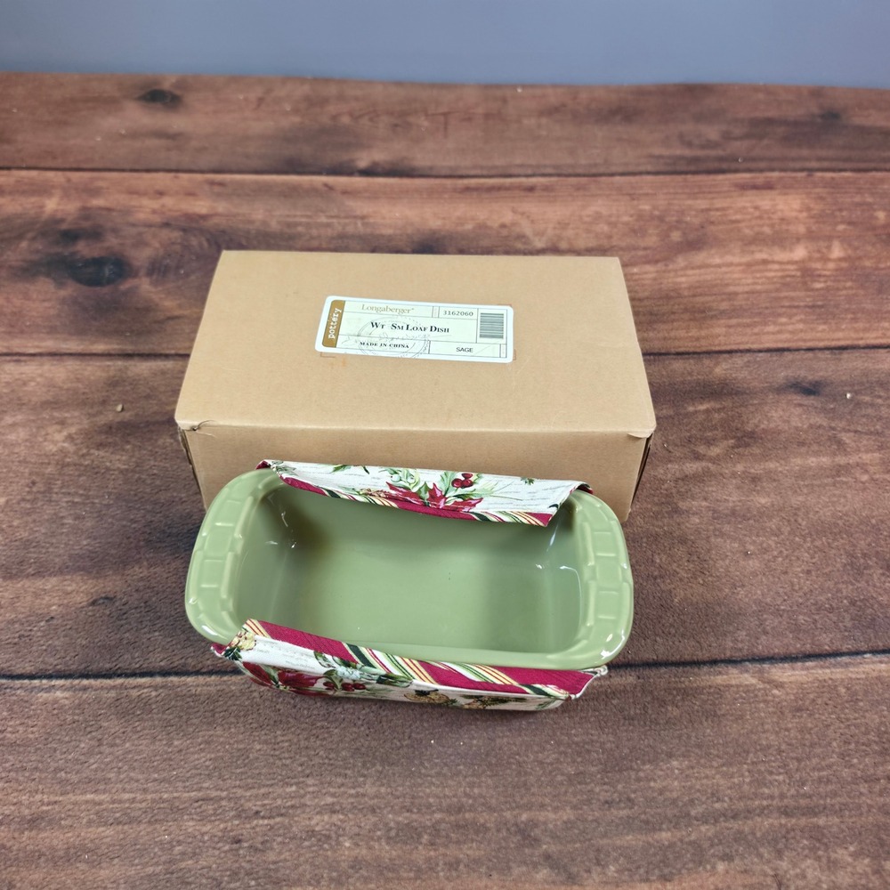 Longaberger Small Loaf Dish Pottery Sage Green Excellent Holiday Fabric Cover